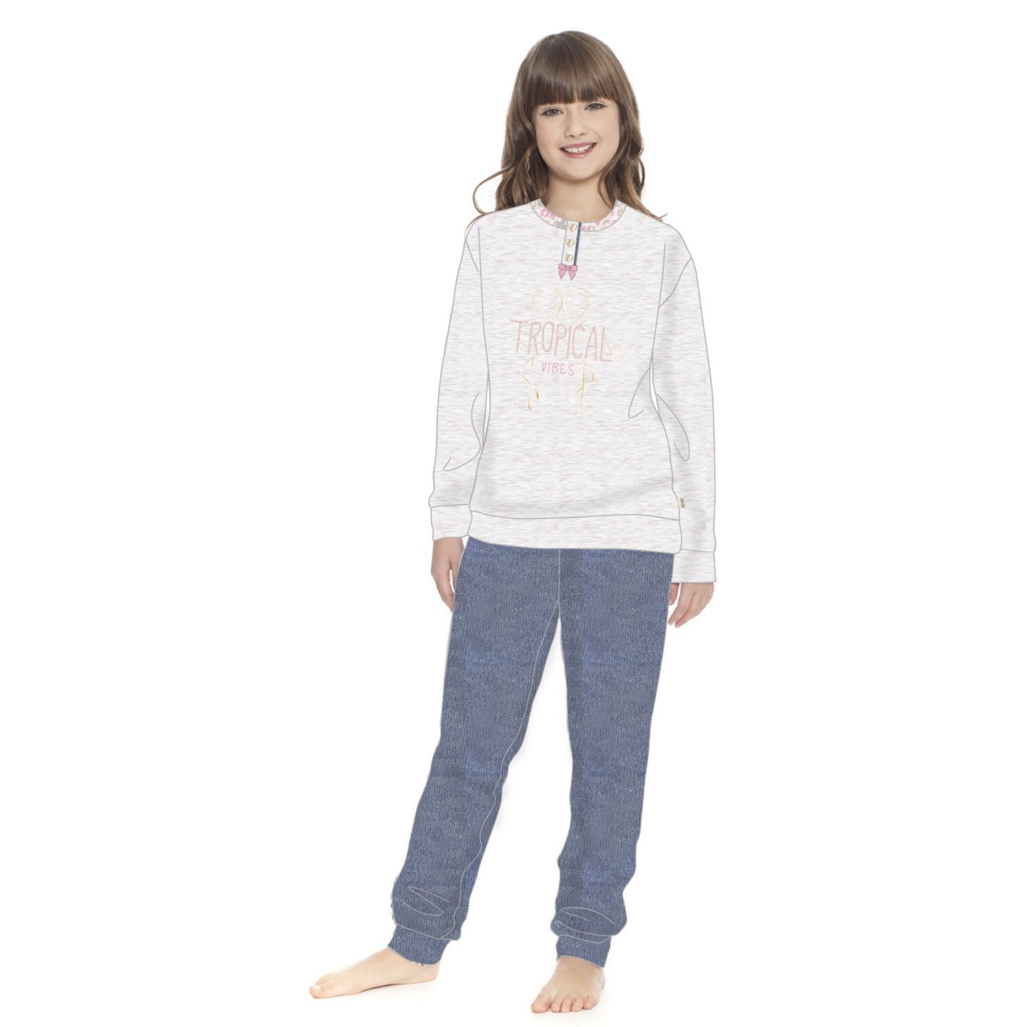 Irge - Pigiama Bimba Cotone Lungo Serafino 3 Bottoni Con Stampa In Puro Cotone  Art. Ik275