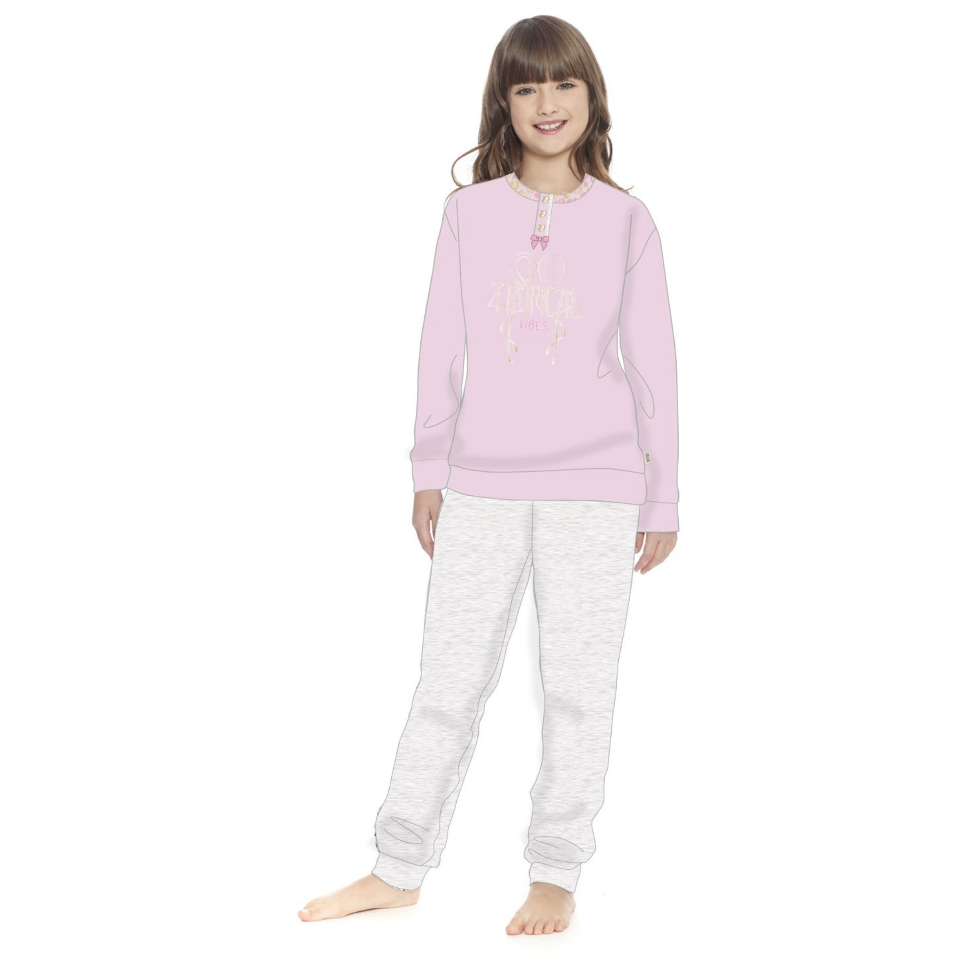 Irge - Pigiama Bimba Cotone Lungo Serafino 3 Bottoni Con Stampa In Puro Cotone  Art. Ik275