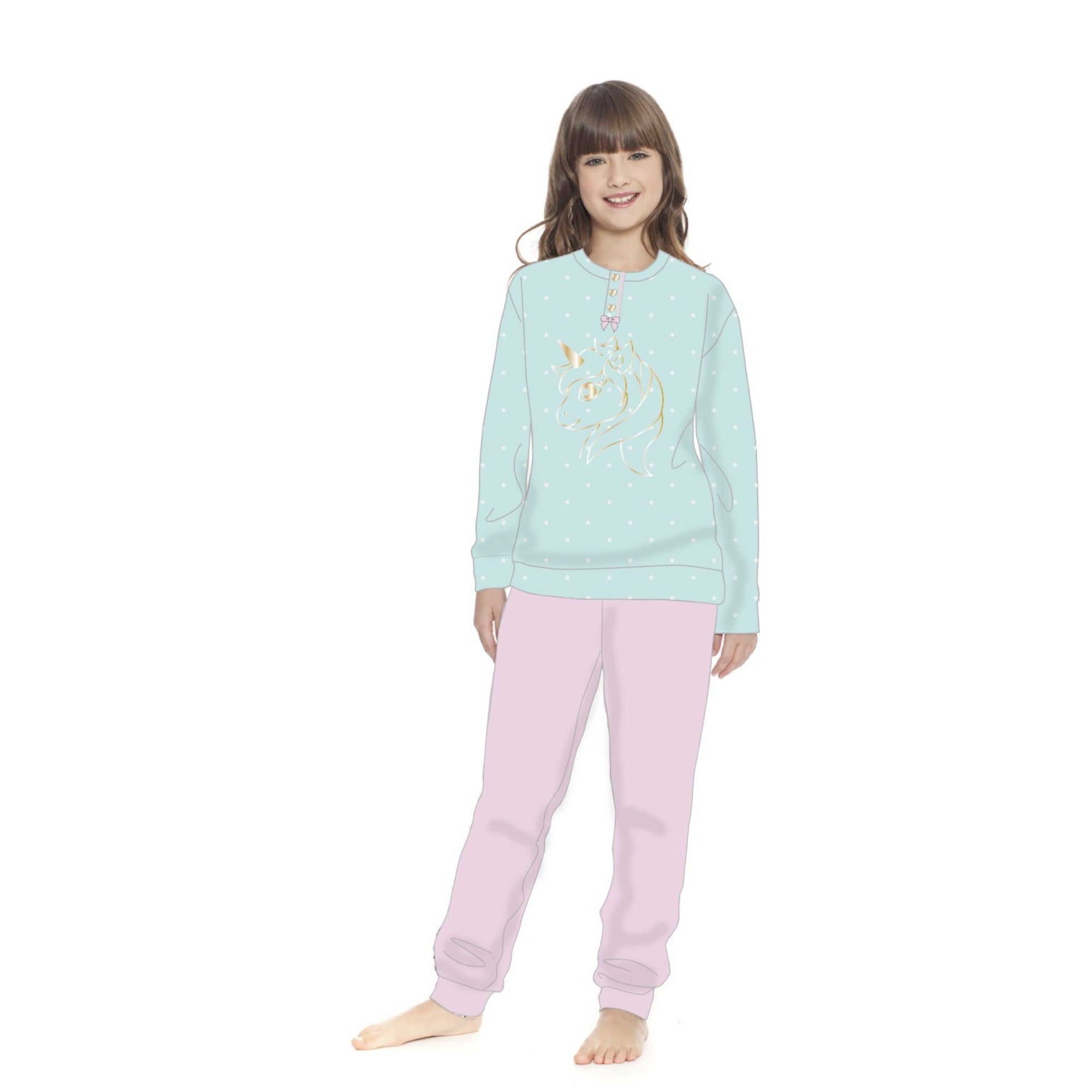 Irge - Pigiama Bimba Cotone Lungo Serafino 3 Bottoni Stampato In Puro Cotone  Art. Ik279