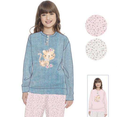 Irge Primavera Pigiama Bimba Cotone Lungo Serafino 3 Bottoni Pantalone Fantasia In Puro Cotone  Art. Ik283