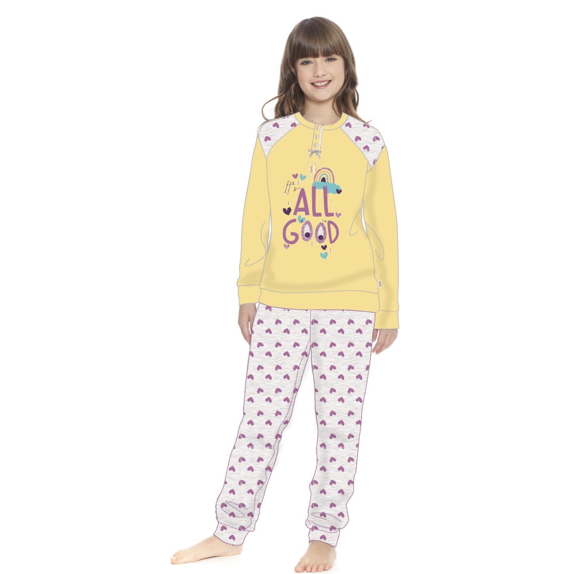 Irge - Pigiama Bimba Cotone Lungo Serafino 3 Bottoni Con Stampa In Puro Cotone  Art. Ik289