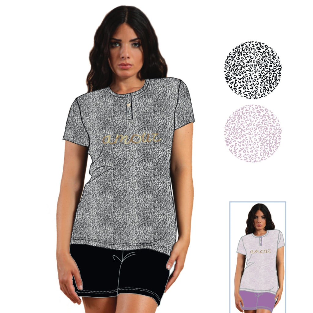 Irge - Pigiama Donna Cotone Serafino Mezza Manica Corto In Jersey Puro Cotone Stampato  Art. Mi1530
