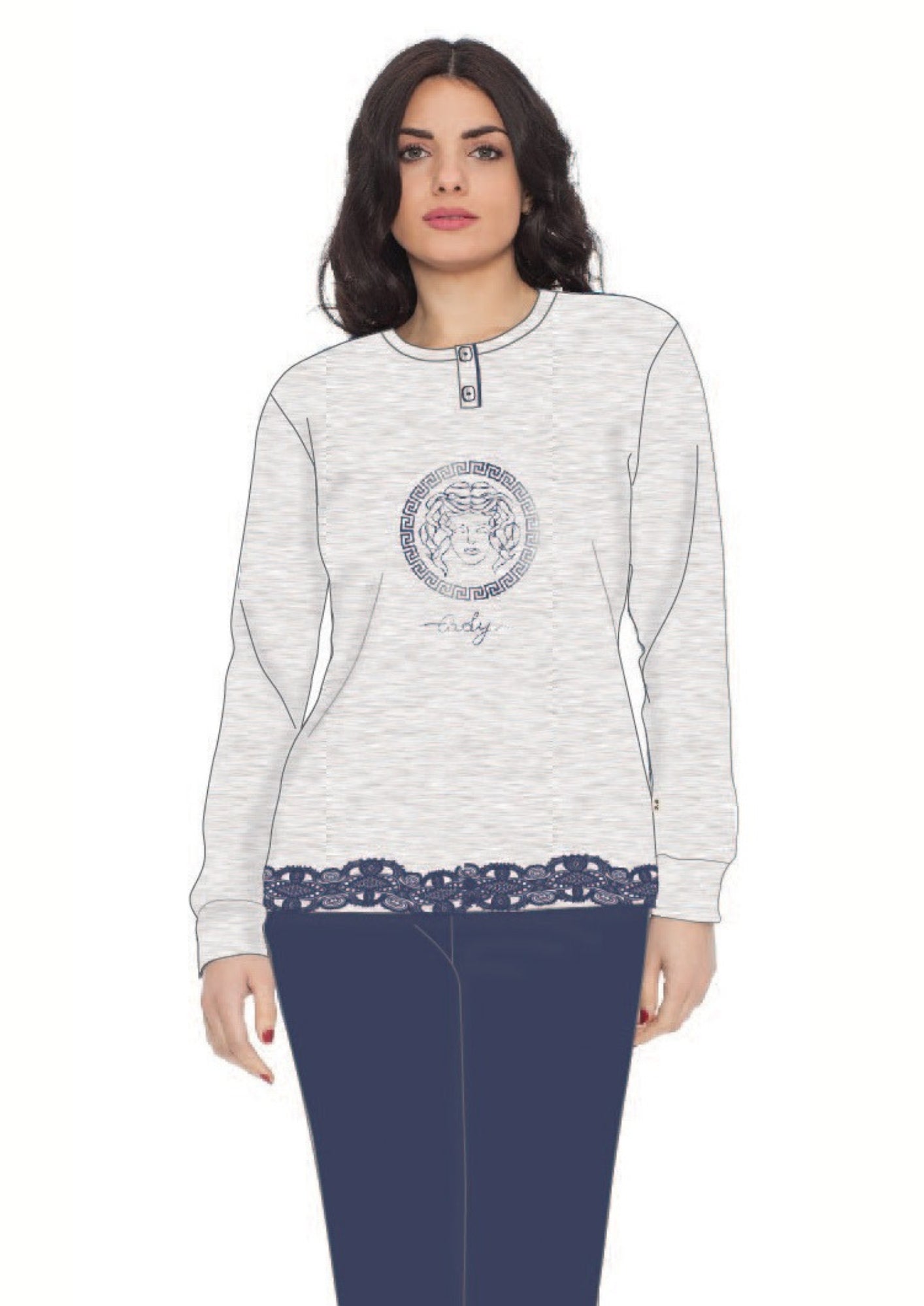 Irge Pigiama Donna In Puro Cotone Lungo Serafino Elastico Caviglia Con Stampa  Art. Mi1543