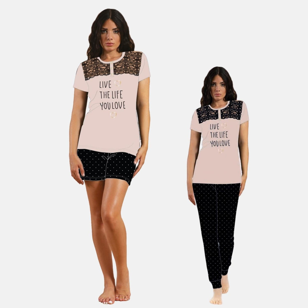 Irge Pigiama Donna Cotone 3 Pezzi Maglia Mezza Manica - Pantalone Lungo E Pantalone Corto In Puro Cotone