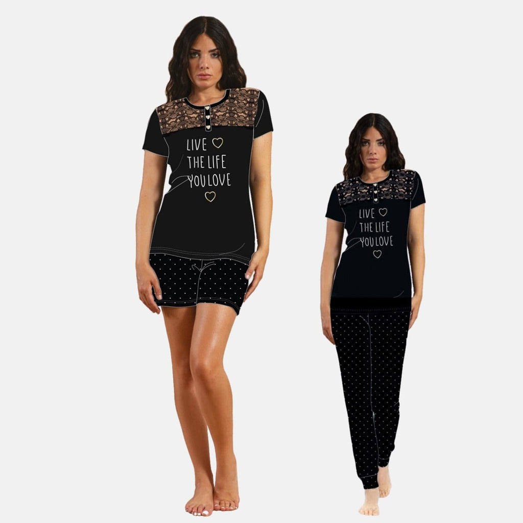 Irge Pigiama Donna Cotone 3 Pezzi Maglia Mezza Manica - Pantalone Lungo E Pantalone Corto In Puro Cotone