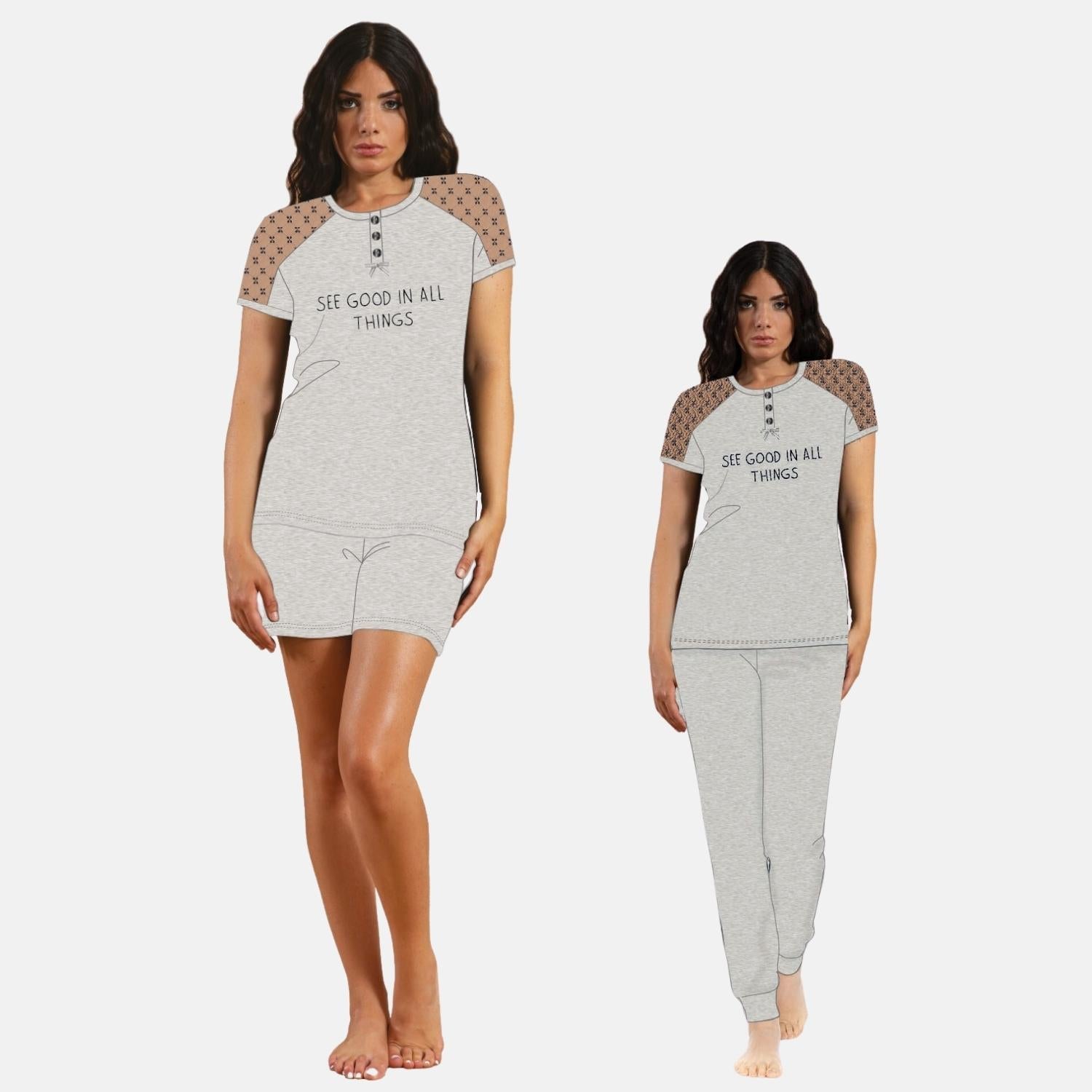 Irge Pigiama Donna 3 Pezzi Mezza Manica - Pantalone Lungo E Pantalone Corto In Puro Cotone Td35