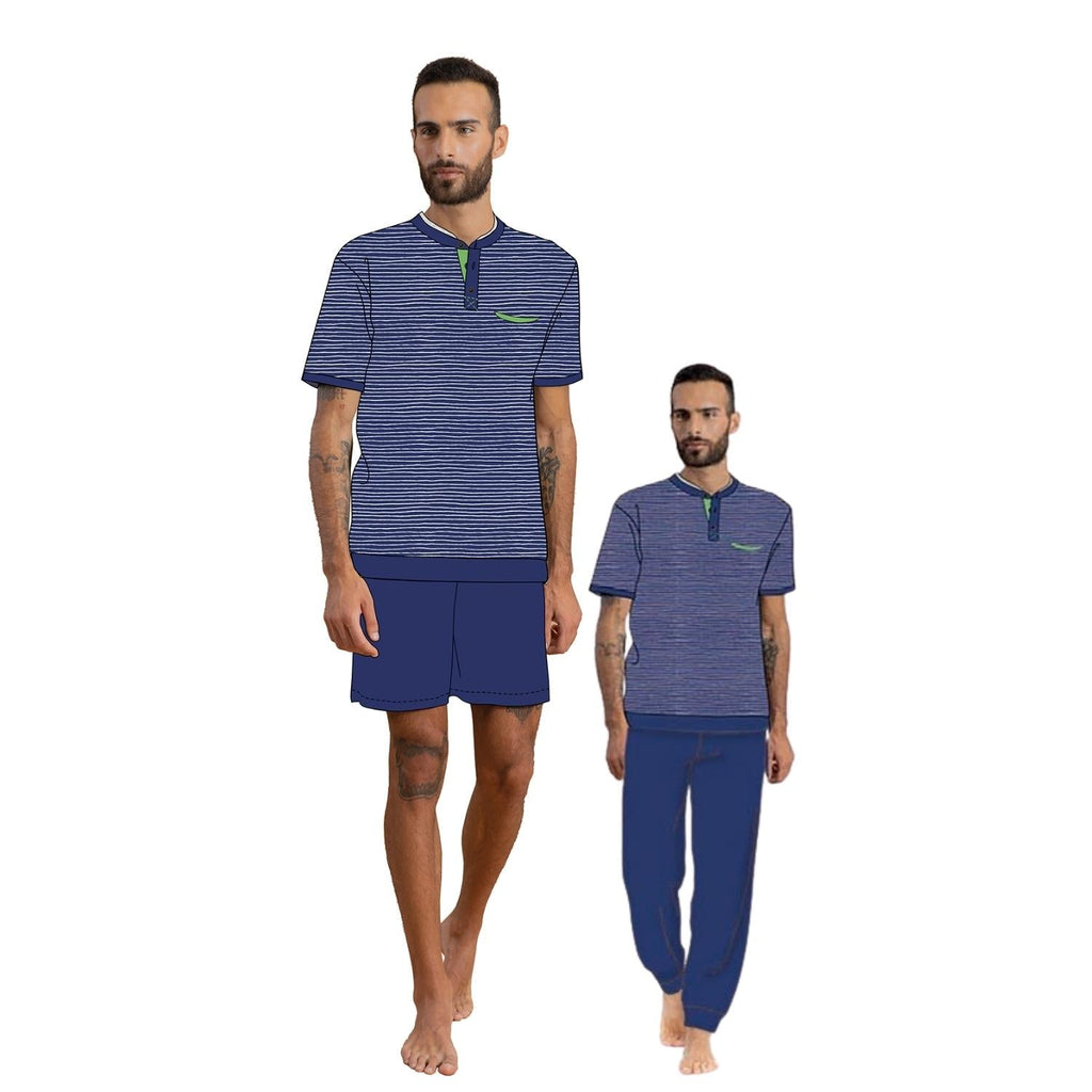 Irge Pigiama Uomo Estivo 3 Pezzi Mezza Manica - Pantalone Lungo E Pantalone Corto In Puro Cotone