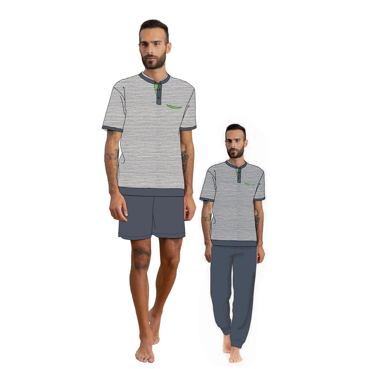Irge Pigiama Uomo Estivo 3 Pezzi Mezza Manica - Pantalone Lungo E Pantalone Corto In Puro Cotone