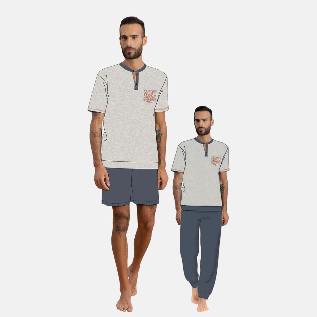 Irge Pigiama Uomo Estivo 3 Pezzi Mezza Manica - Pantalone Lungo E Pantalone Corto In Puro Cotone