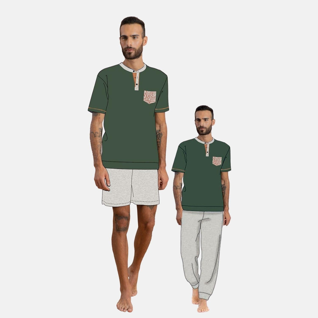 Irge Pigiama Uomo Estivo 3 Pezzi Mezza Manica - Pantalone Lungo E Pantalone Corto In Puro Cotone