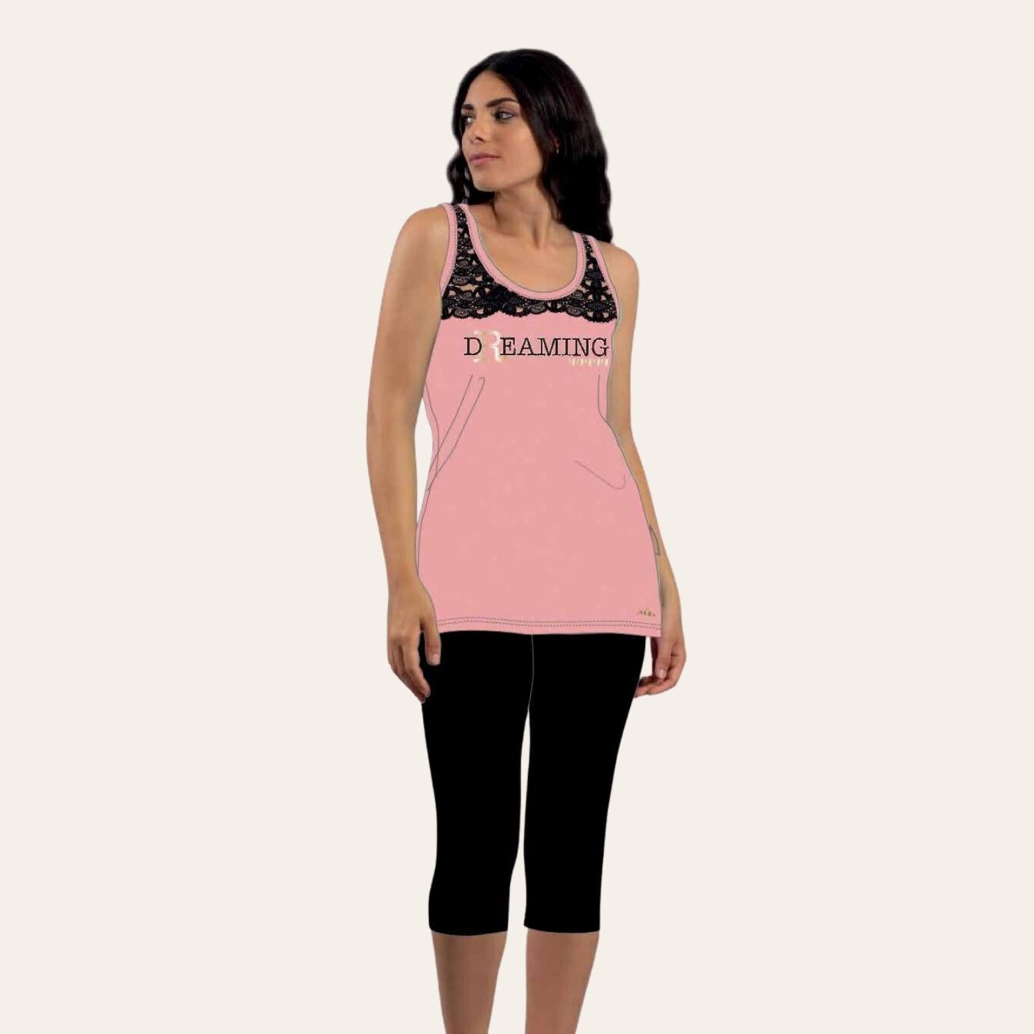 You&me Pigiama Donna Pescatore Spalla Larga Stampato Con Insertoin Pizzo In Puro Cotone  Art. Y&m330