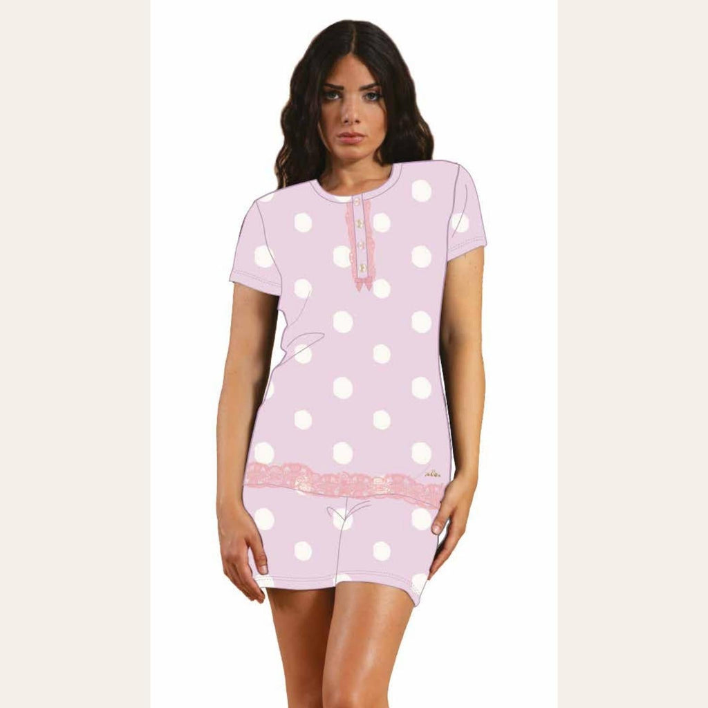 You&me Pigiama Donna Corto Mezza Manica Stampato Con Applicazioni Pizzo In Puro Cotone  Art. Y&m302