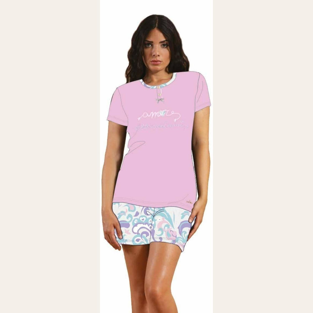You&me Pigiama Donna Corto Mezza Manica Ricamato In Puro Cotone Con Short Fantasia  Art. Y&m306