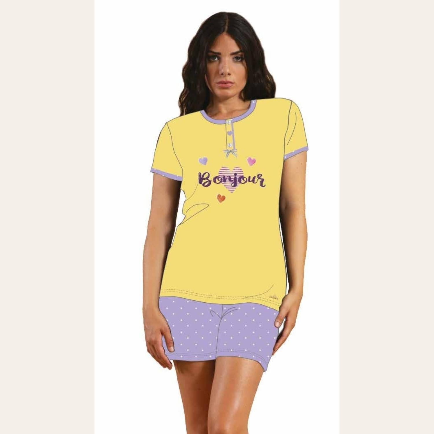 You&me Pigiama Donna Corto Mezza Manica Stampato Con Applicazioni In Puro Cotone  Art. Y&m314