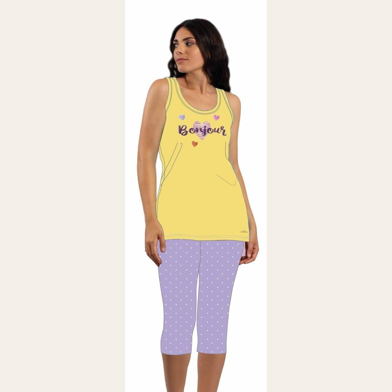 You&me Pigiama Donna Pescatore Spalla Larga Stampato-applicazione In Strass In Puro Cotone  Art. Y&m346