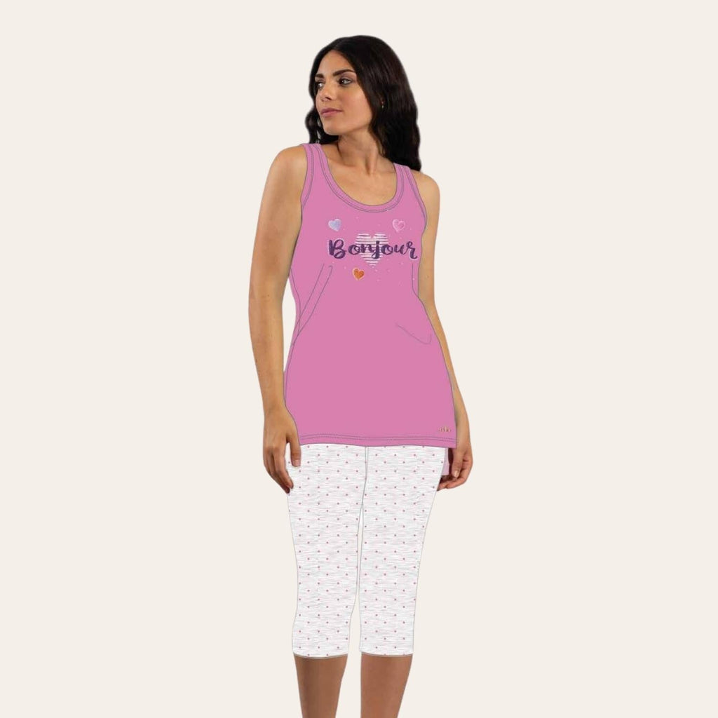 You&me Pigiama Donna Pescatore Spalla Larga Stampato-applicazione In Strass In Puro Cotone  Art. Y&m346