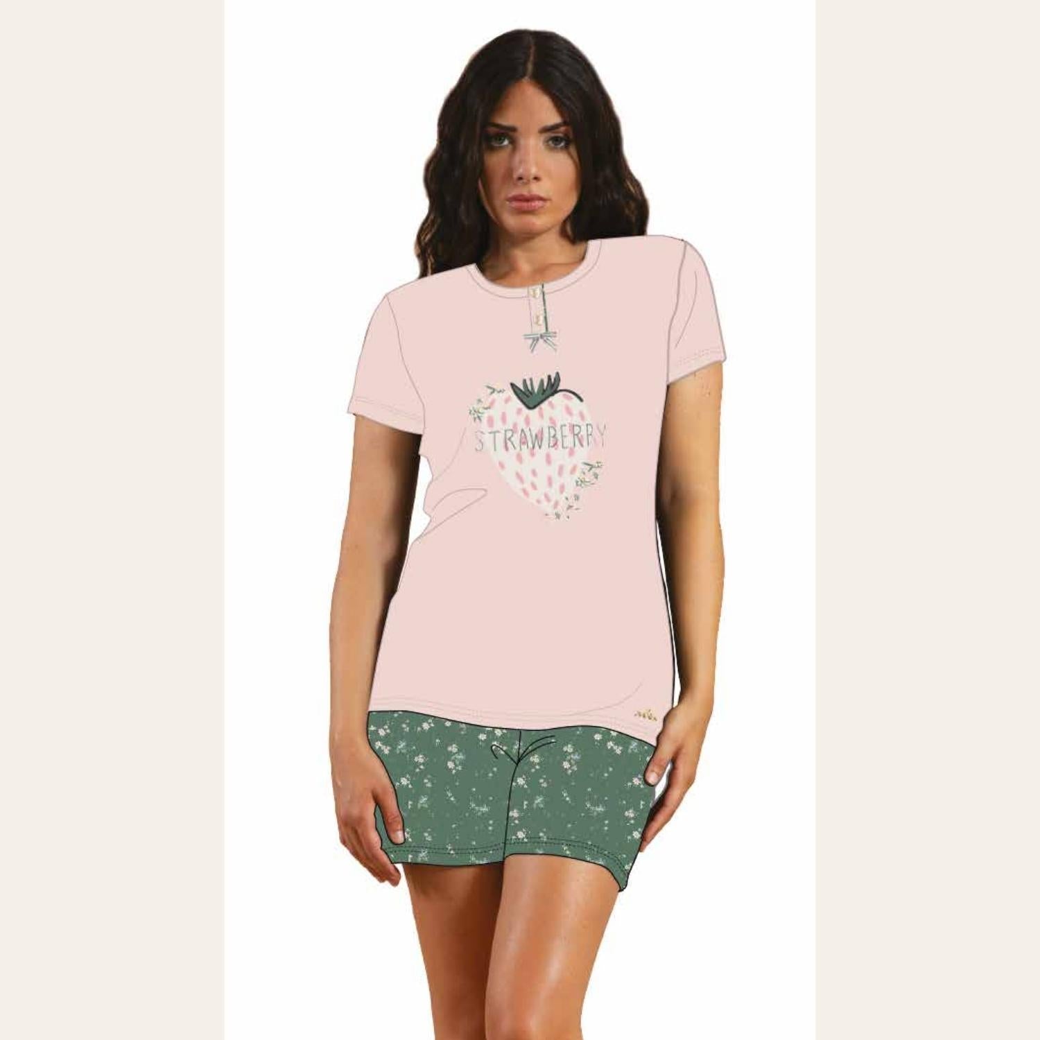 You&me Pigiama Donna Corto Mezza Manica Stampato 3 Bottoni In Puro Cotone  Art. Y&m308
