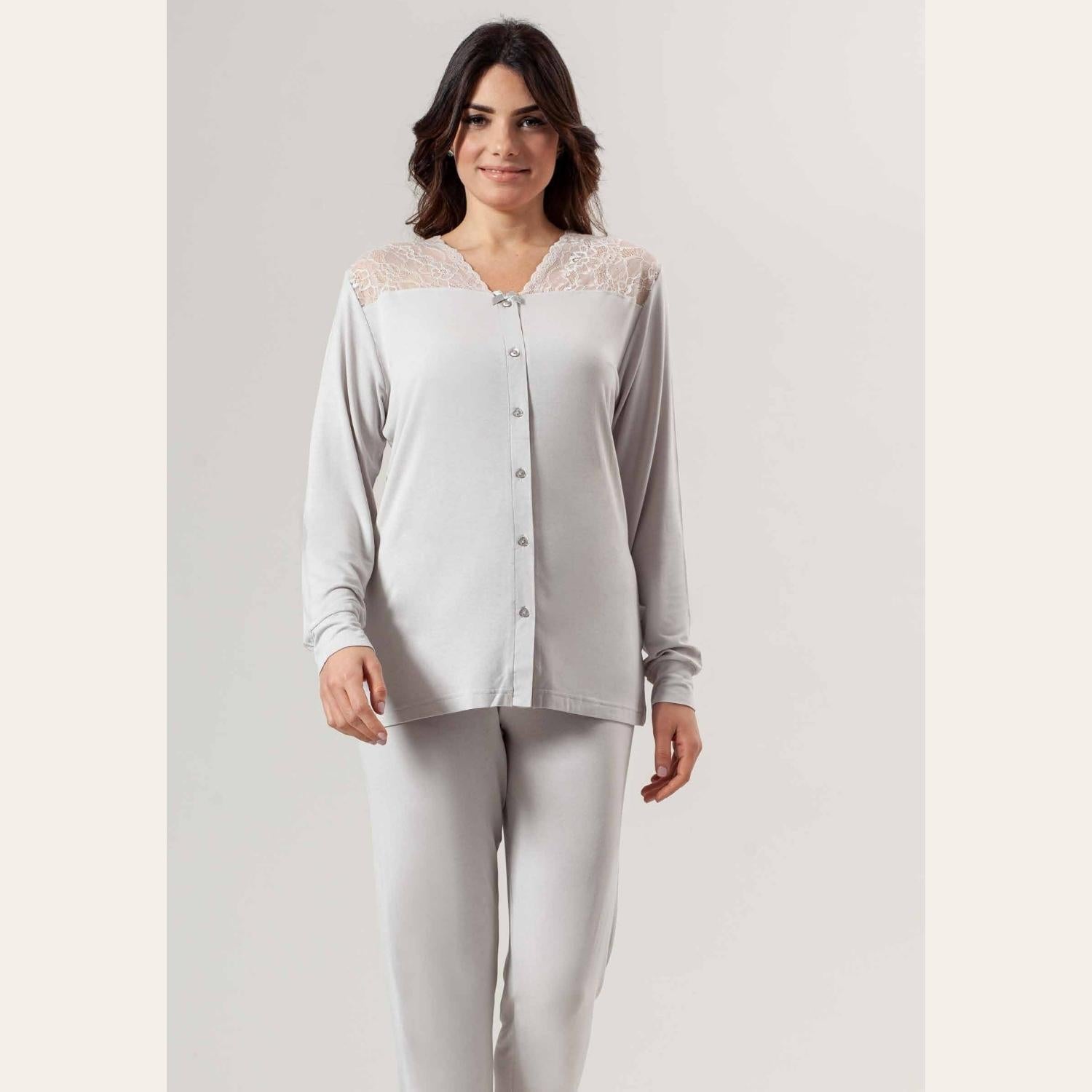 Irge Pigiama Donna Aperta In Viscosa Invernale Con Inserto In Pizzo  Art. Ir1692
