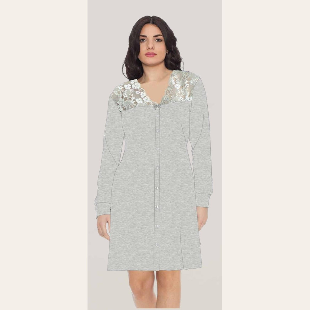 Irge Camicia Da Notte Donna Aperta In Viscosa Invernale Con Inserto In Pizzo  Art. Ir1697
