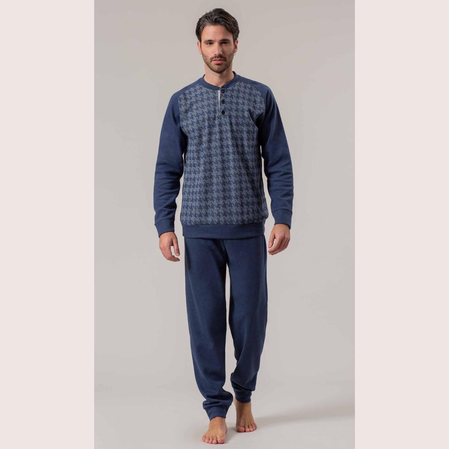 Irge Uomo Pigiama Punto Milano Serafino 3 Bottoni Stampato Pantalone Con Elastico  Art. Pmu293