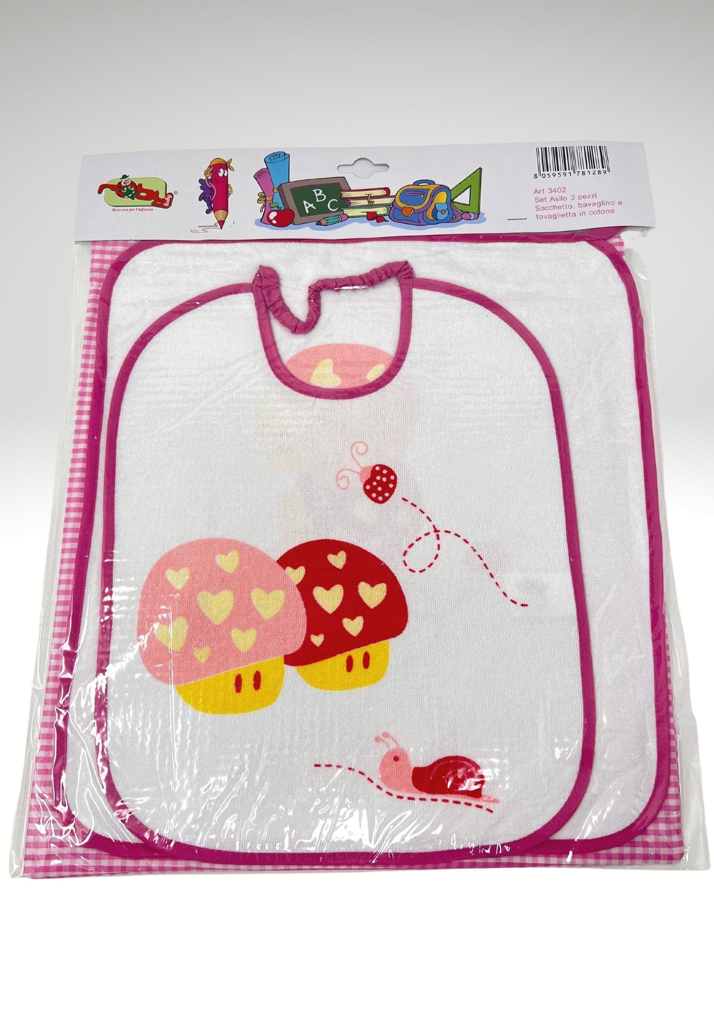 Roby Set Asilo 3 Pezzi (bavetta Retro In Pvc+tovaglietta+sacchetto) Stampato Femminuccia Art. B3402