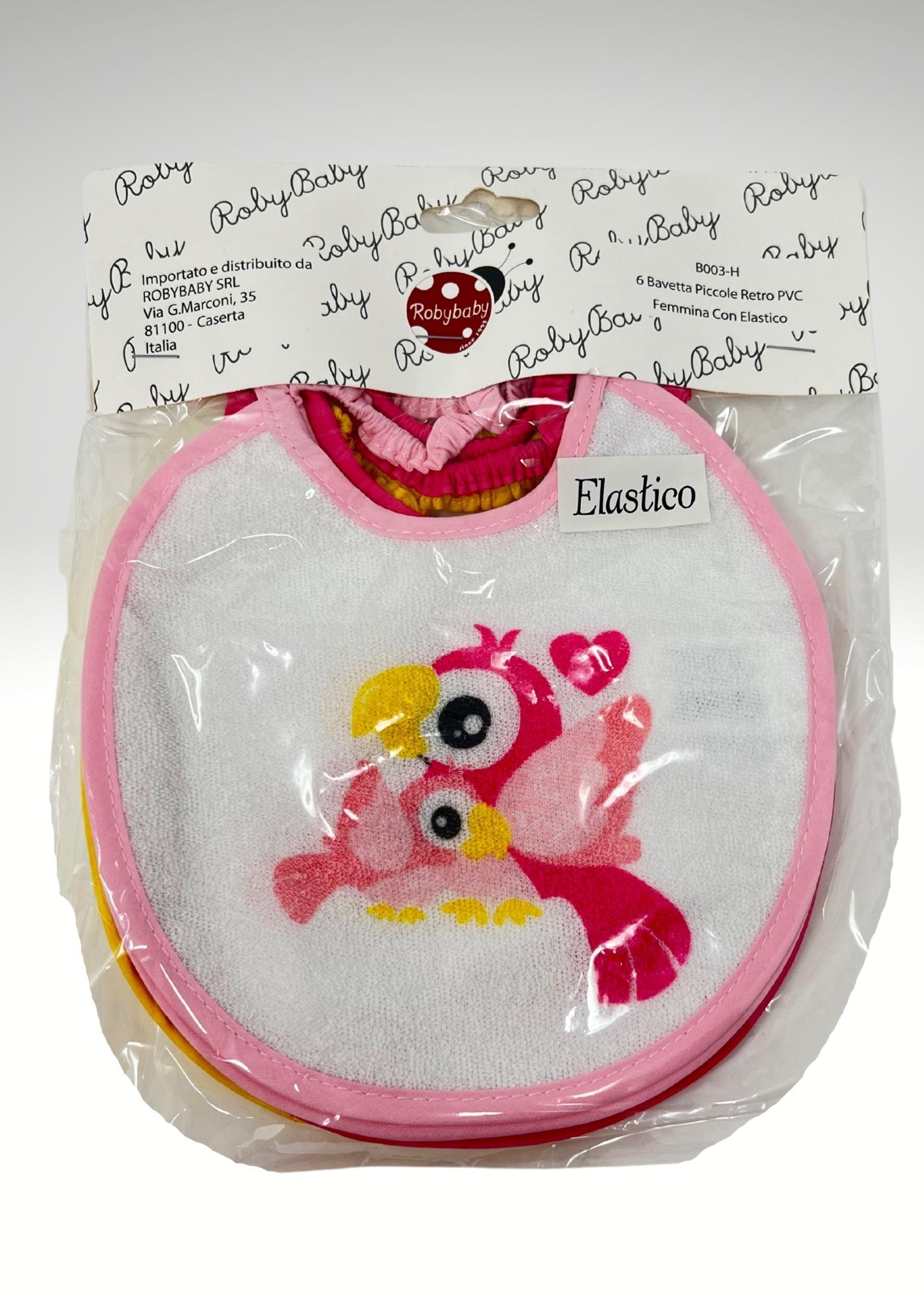 Roby - 6 Bavette Piccole Spugna Retro Pvc Chiusura/elastico  Stampata Femminuccia Art. B003