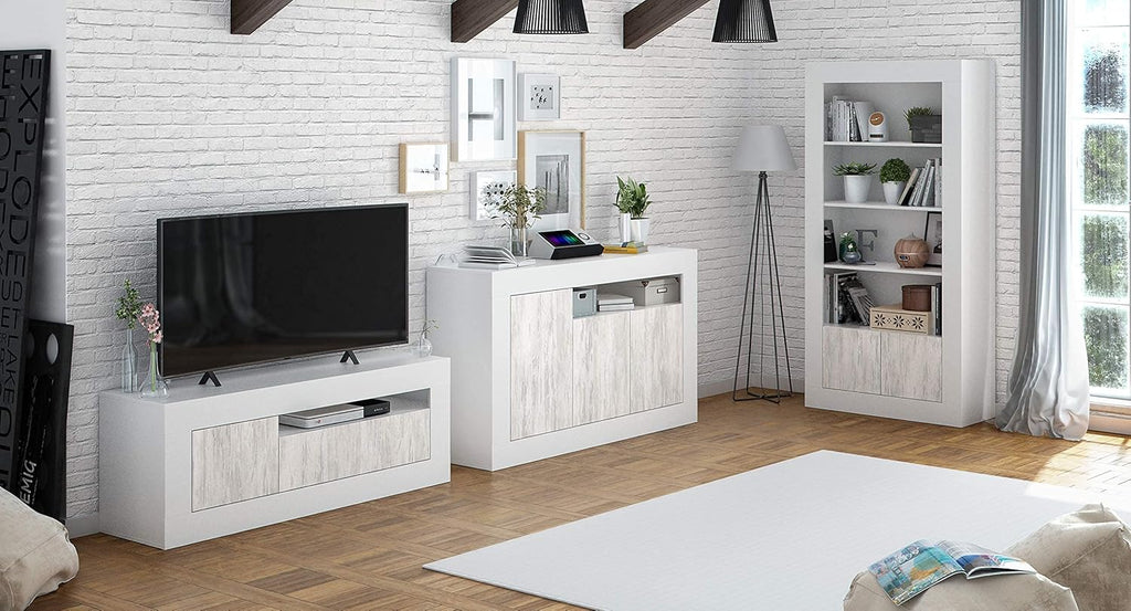 Mobile TV bianco Baltik - 139x42x53 cm con 3 ante e foro passacavi