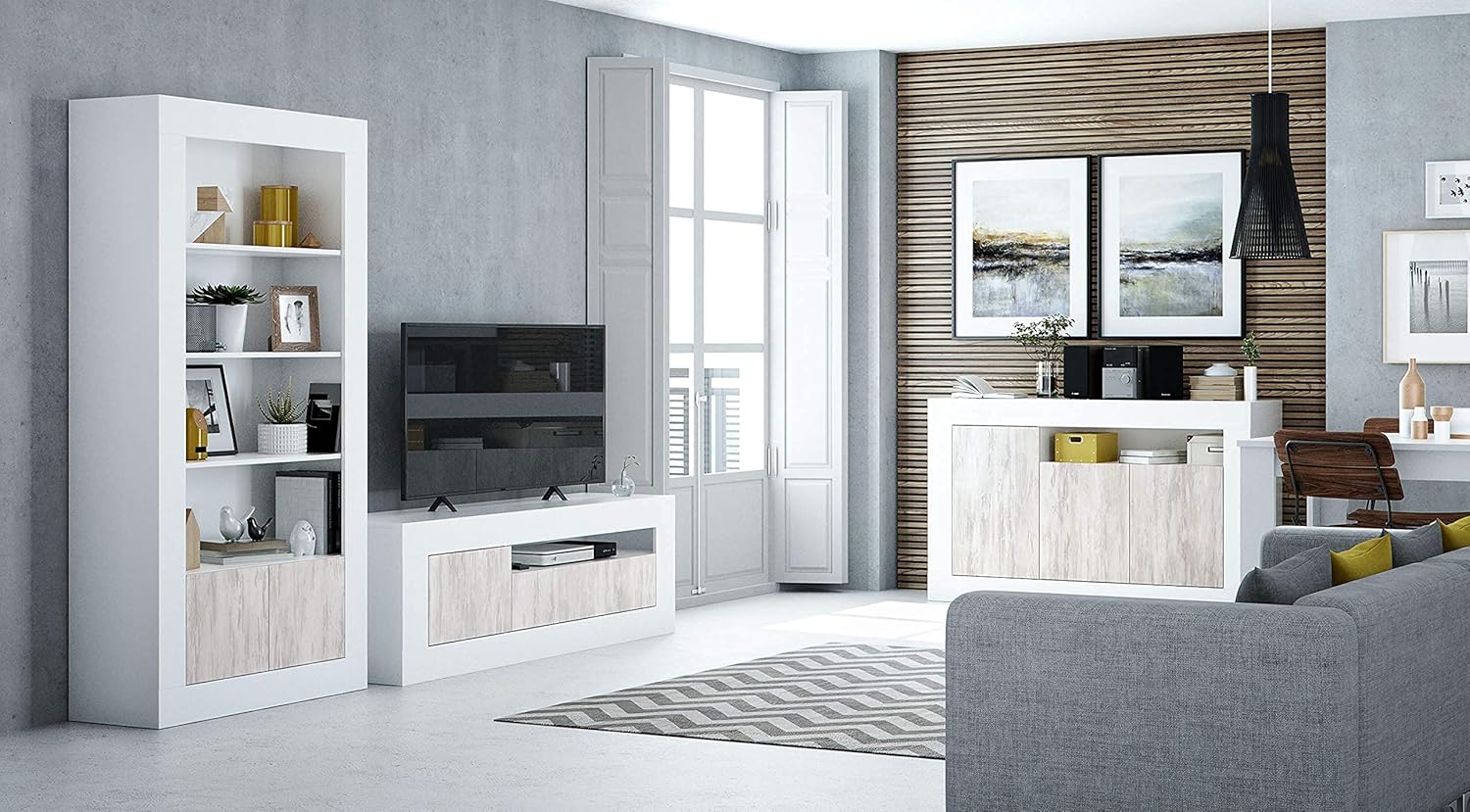 Mobile TV bianco Baltik - 139x42x53 cm con 3 ante e foro passacavi