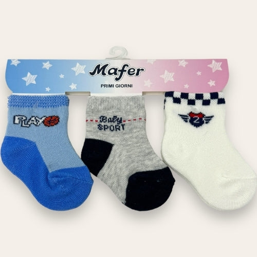 Mafer - Set 3 Paia Calzino Neonato Baby Maschietto Primi Gorni In Cotone Fantasy  Art. Wpg7431