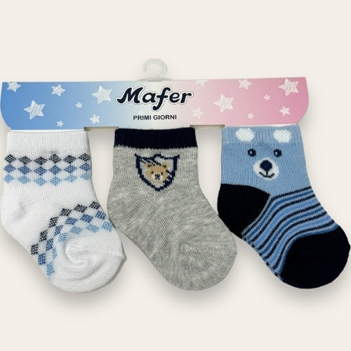 Mafer - Set  3 Paia Calzino Neonato Baby Maschietto Primi Gorni In Cotone Fantasy  Art. Wpg8233