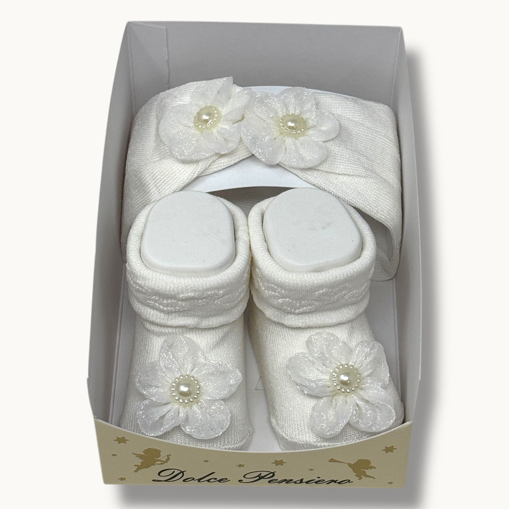 Mafer - Set Fascia E Scarpina Femminuccia In Cotone Con Applicazione In Tinta  Art. Wse8790