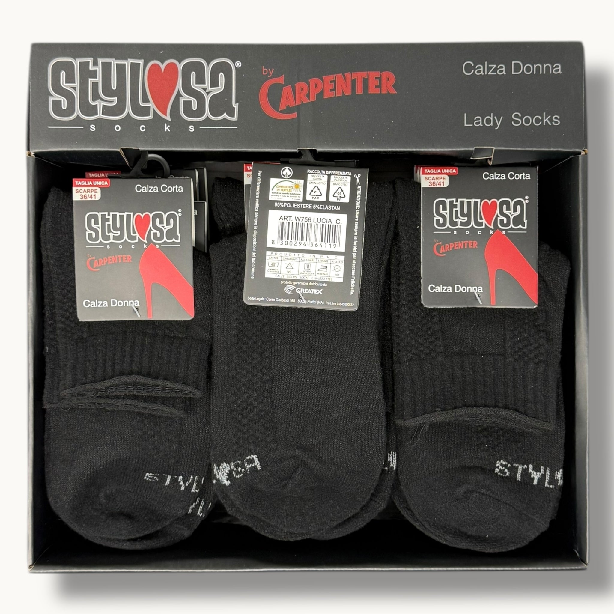 Stylosa - (4 Paia) Calza Corta Disegno In Tinta Cotone Vari Colori Art. W756 Moda-nero