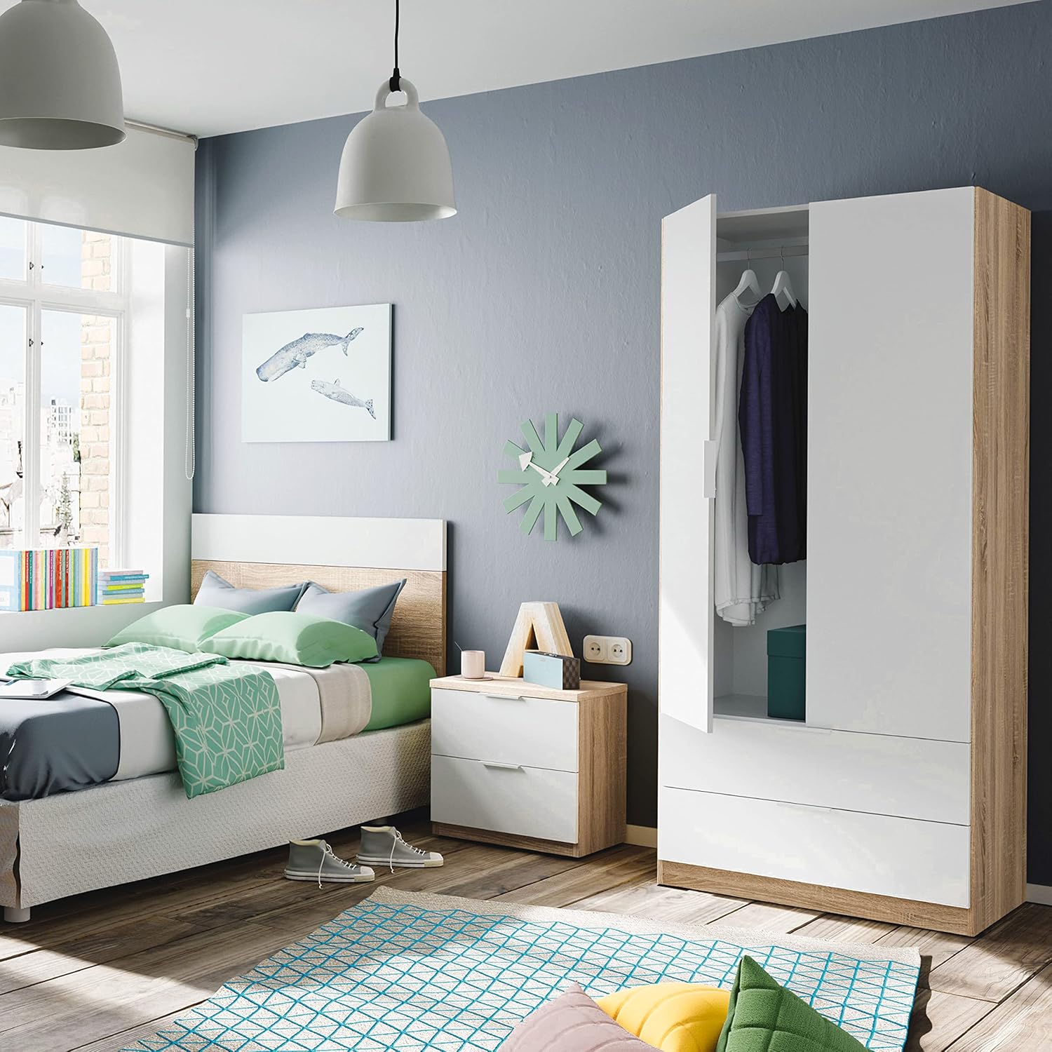 Armadio 2 ante e 2 cassetti bianco artik e rovere Canadian 81x52x180h