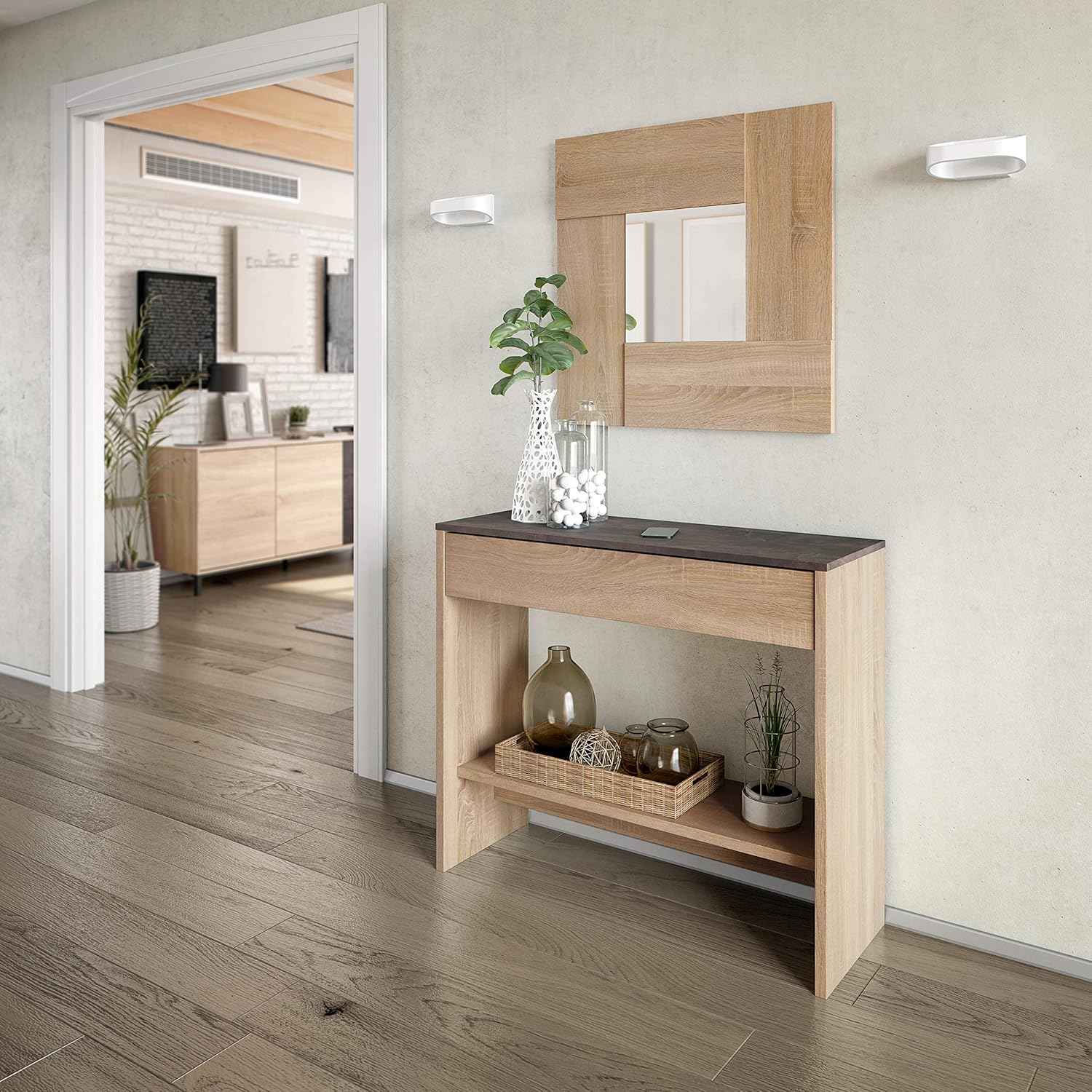Mobile Ingresso con Cassetto e Specchio Oxys Rovere e Ossido