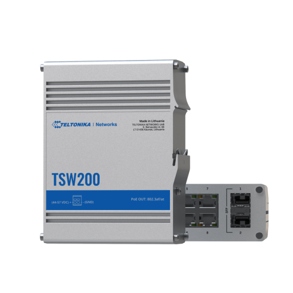 Teltonika - TSW200 Switch 8 porte PoE+ unmanaged con 2 porte SFP, 240W di power budget (without Din Rail) [TSW2000000B0]