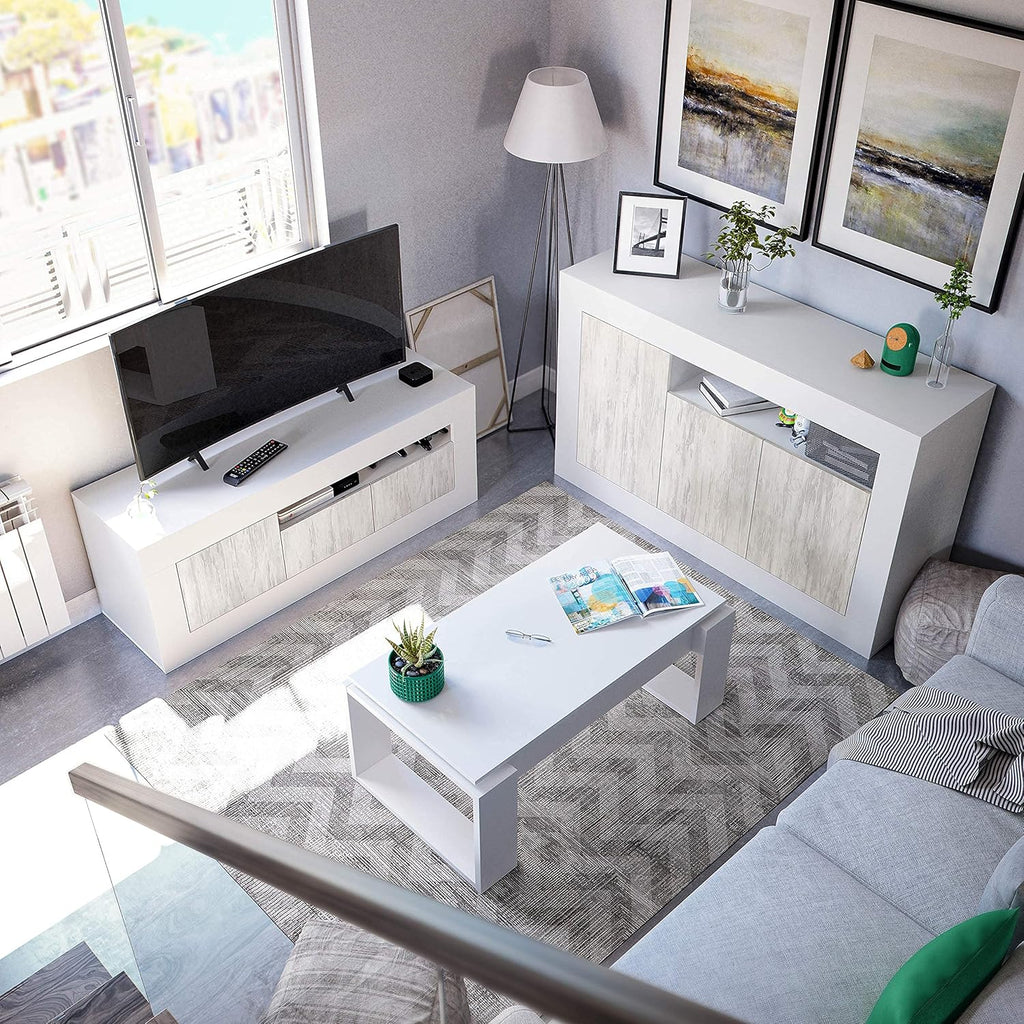 Mobile TV bianco Baltik - 139x42x53 cm con 3 ante e foro passacavi