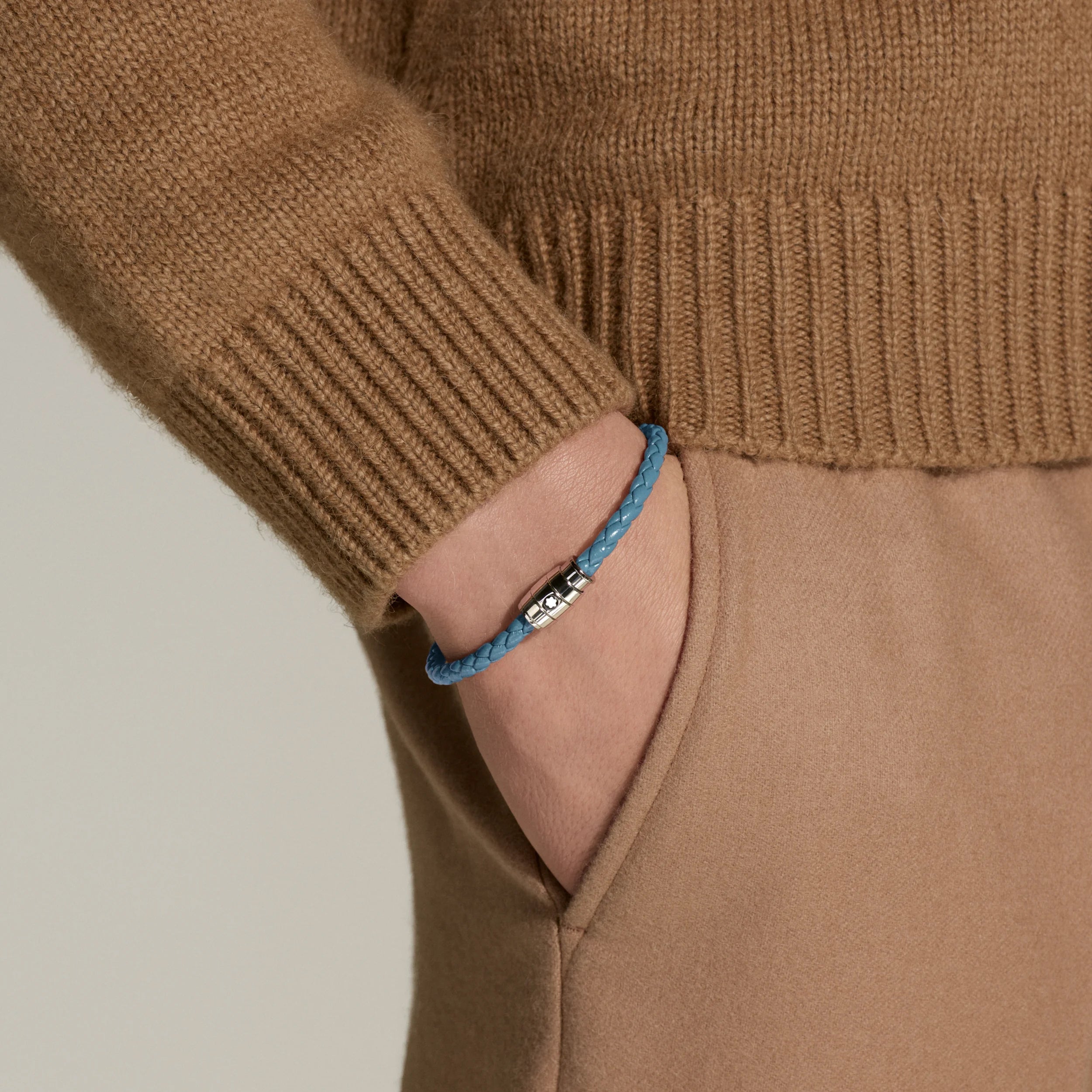 Montblanc bracciale in acciaio a 3 anelli e pelle Meisterstück Blu Fumè misura M 13429363