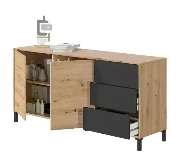 Mobile credenza con 2 ante + 3 cassetti in rovere e antracite 154X41X74H