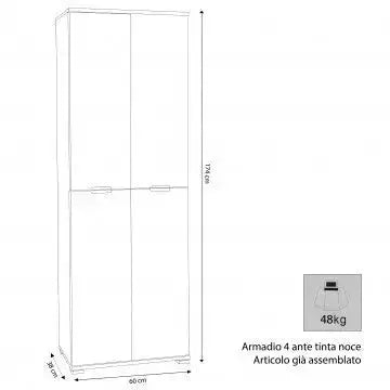 Armadio 4 Ante Tinta Noce, cm 60x38x174