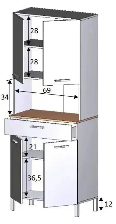Armadio da cucina moderno in bianco e rovere con 4 ante e 1 cassetto