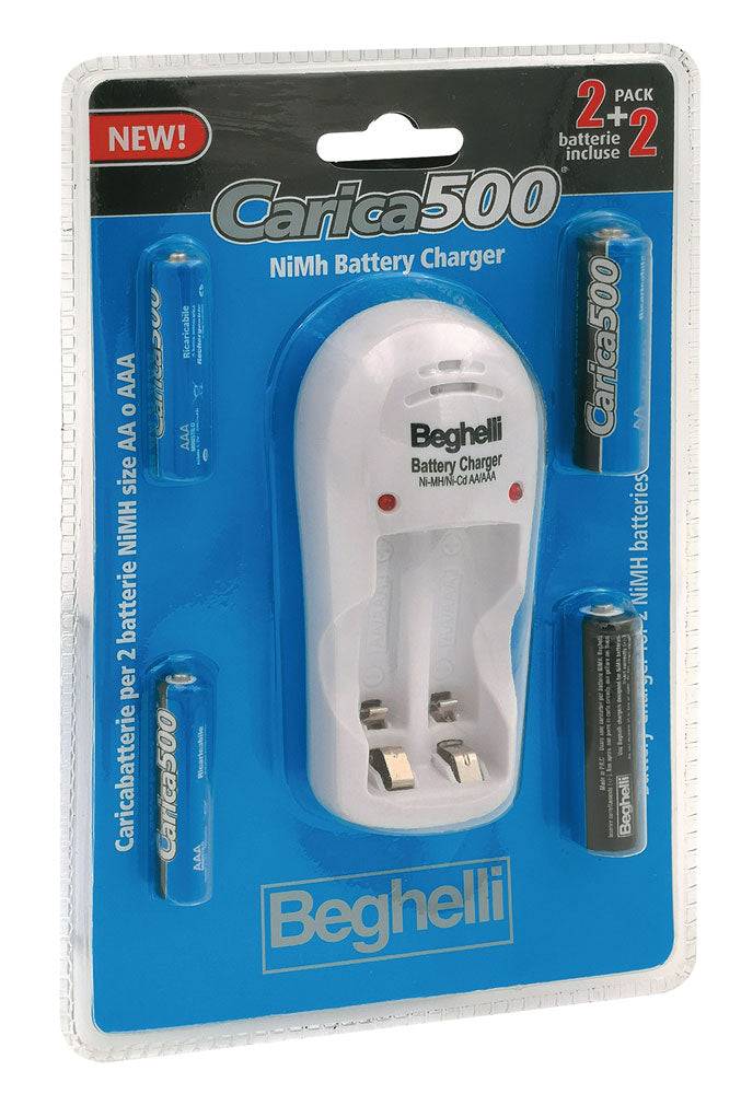Caricatore Batterie Ricaricabili Compatto Carica500 - Incluse 2 Batterie AA 1500mAh + 2 Batterie AAA 800mAh