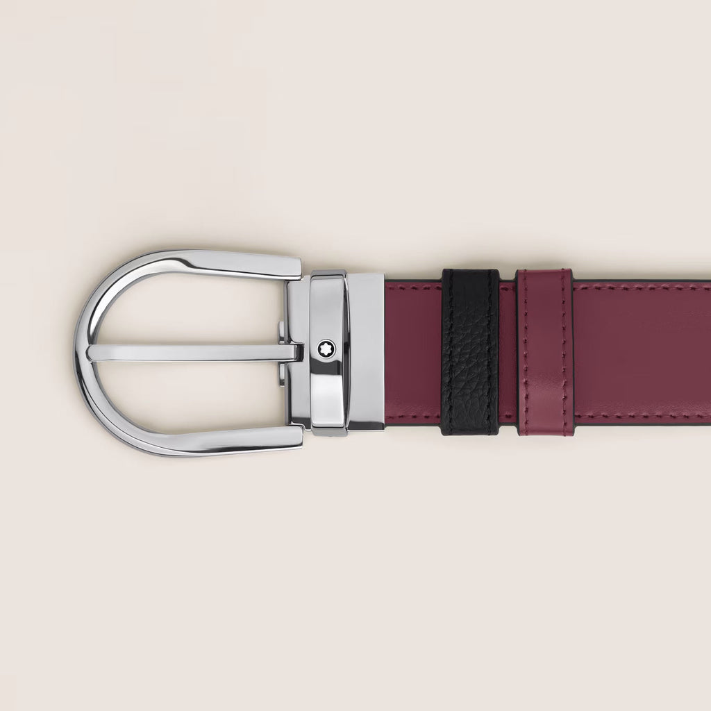 Montblanc cintura reversibile 35 mm pelle nera grana/cassis con fibbia a ferro di cavallo 199665