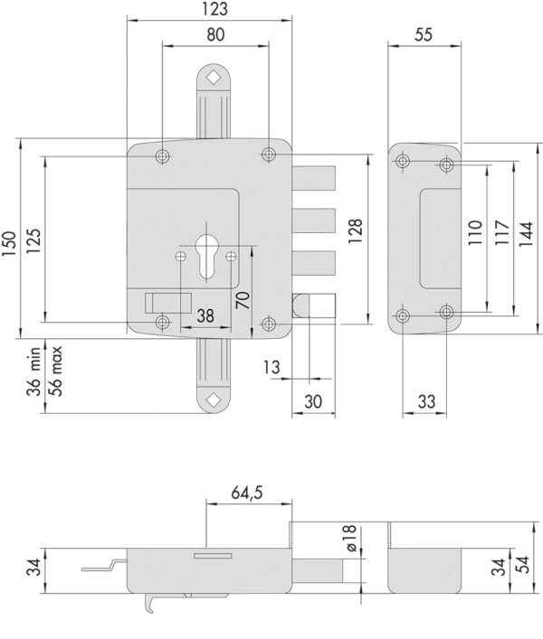 Serratura a Cilindro Triplice '56167' in Bronzo Antico Metallizzato