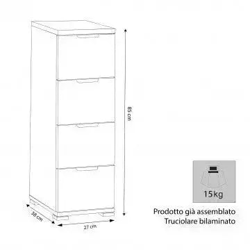 Cassettiera 4 Cassetti Bianca - Dimensioni: cm 27 x 38 x 85 h