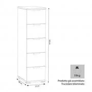 Cassettiera 5 Cassetti Rovere Grigio - Dimensioni: cm 27 x 38 x 103 h