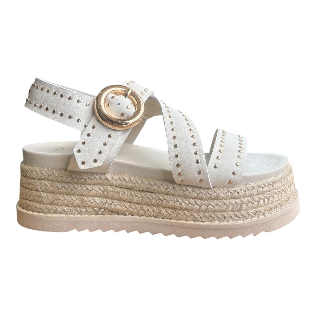 Cult Sandalo Donna Bianco Zeppa Borchie Fibbia Dorata - CLW473701