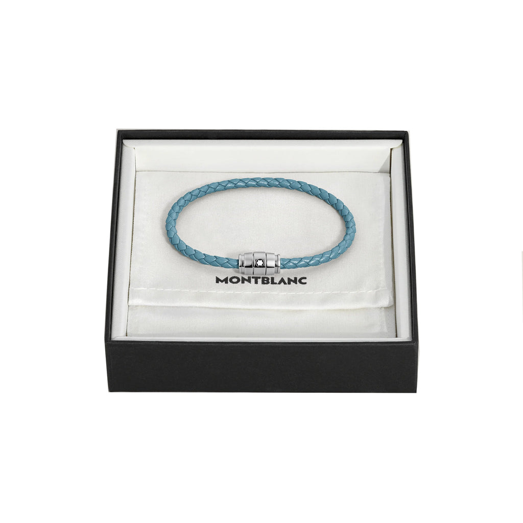 Montblanc bracciale in acciaio a 3 anelli e pelle Meisterstück Blu Fumè misura M 13429363