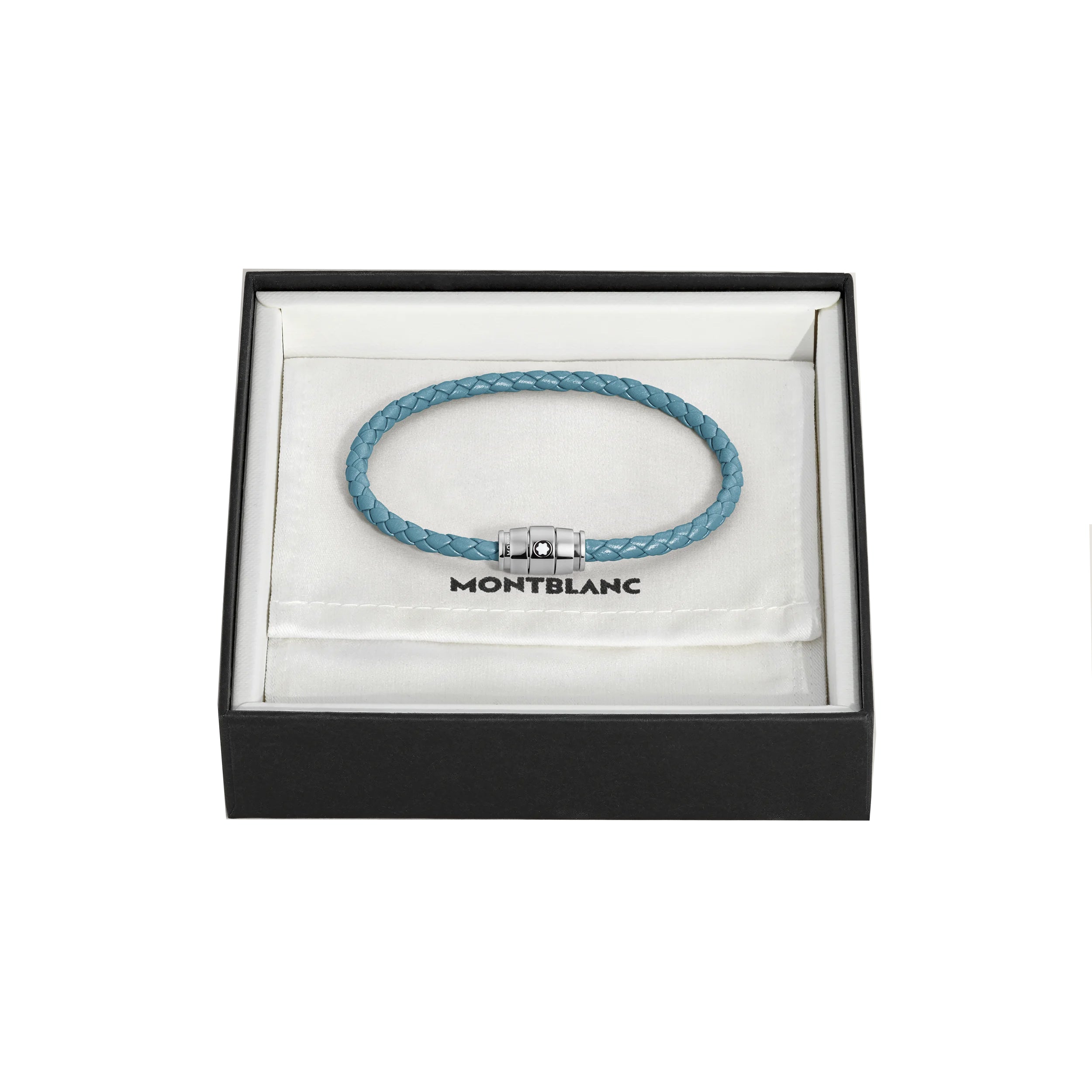 Montblanc bracciale in acciaio a 3 anelli e pelle Meisterstück Blu Fumè misura M 13429363
