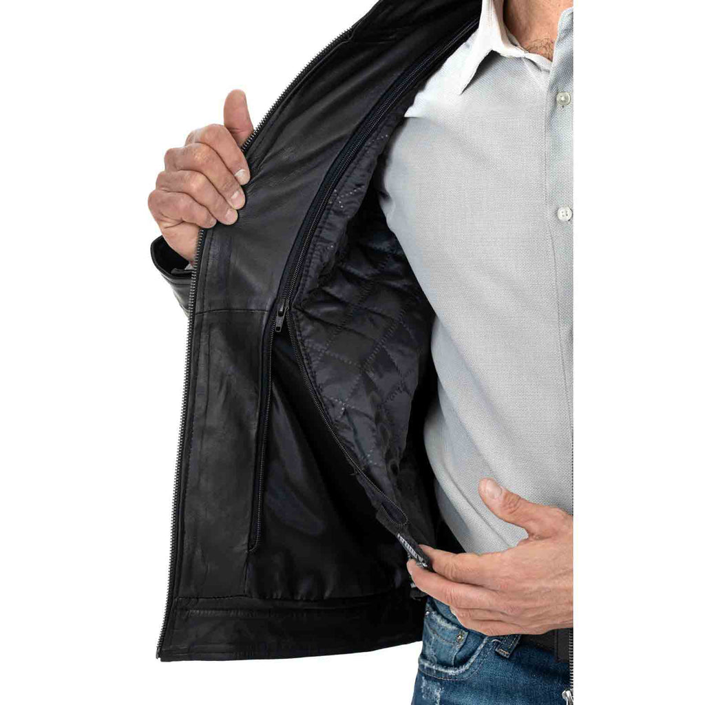 Giacca Biker In Vera Pelle Nera Uomo Slim Collo Coreana Quattro Tasche Rindway