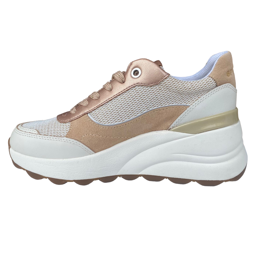 Geox scarpa sneakers da donna con tallone rialzato SPHERICA EC13 bianco spento-beige